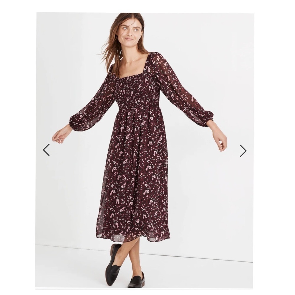 Madewell  Georgette Sheer-Sleeve Smocked Midi Dress in Rich Paisley MP
